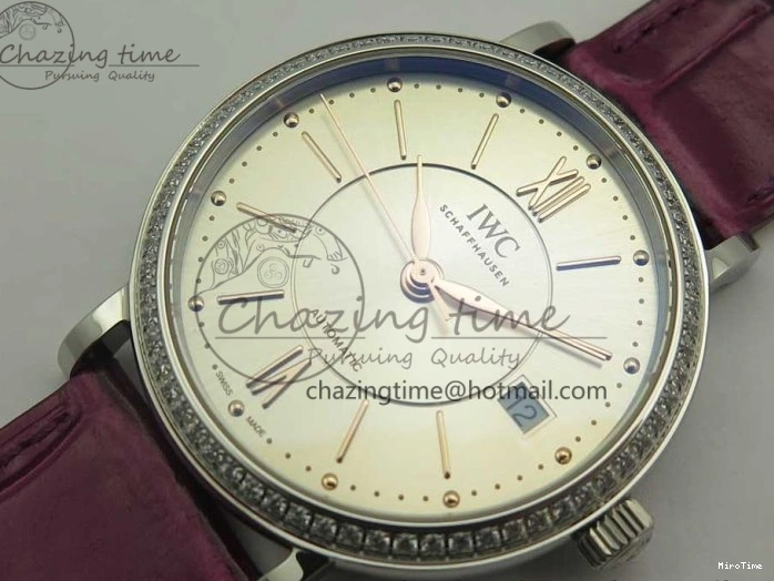 MIROTIME 0113 Portofino IW458101 Diamond Bezel SS MK 1:1 Best Edition Silver Dial On Purple Leather Strap MIYOTA Tailored 7166